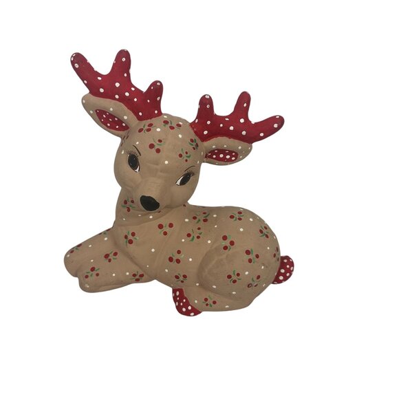 Set Of 6 Handcrafted Ceramic Reindeer Figurines Red Antlers & Floral Vintage - Picture 9 of 16